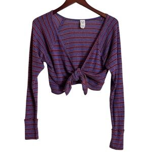 We The Free People Striped Long Sleeve Tie Front Cropped Top Purple Blue Small